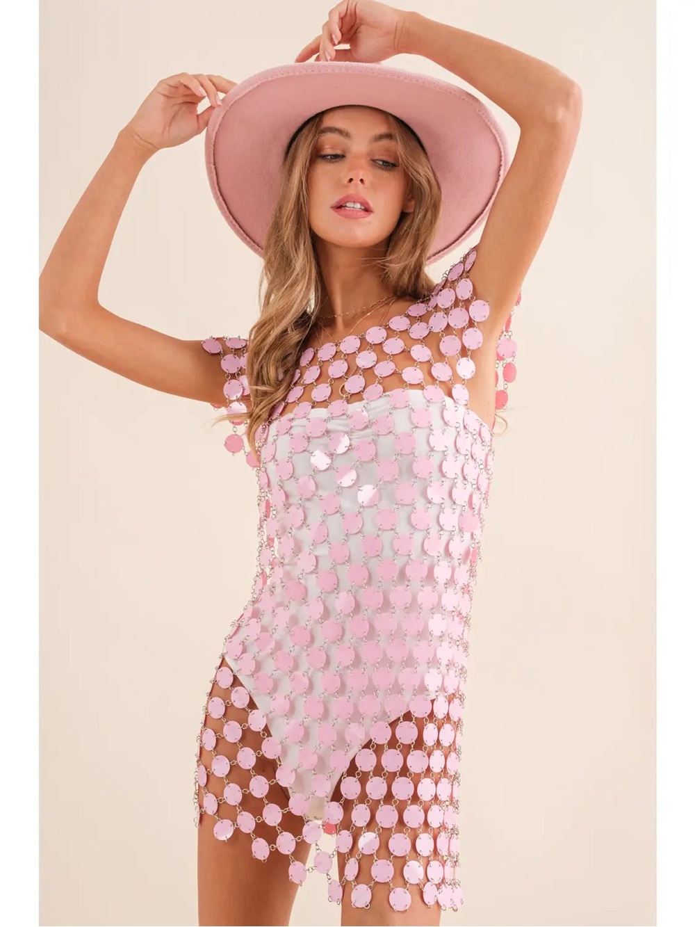 P-025 Blue B Pink Sequin Disc Mesh Dress - Brand